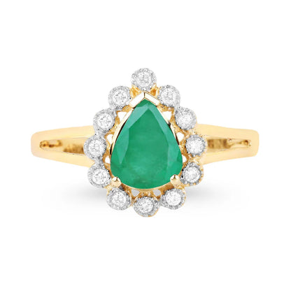 1.10 Ct Pear Green Zambian Emerald Diamond V-Prong 10k Gold Halo Statement Ring