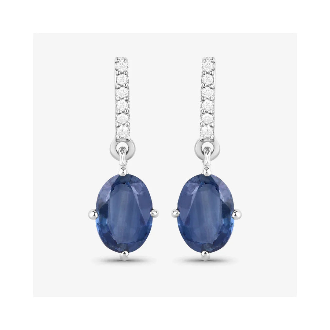 1.90 Ct Oval Blue Sapphire & Diamond Prong 10K Gold Dangle Earrings
