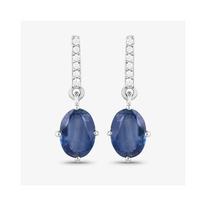 1.90 Ct Oval Blue Sapphire & Diamond Prong 10K Gold Dangle Earrings