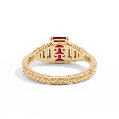Octagon Sapphire, Emerald, Ruby and Lab Diamond 14K Yellow Gold Tapered Band Engagement Ring