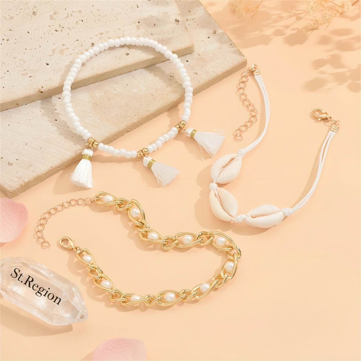 Pearl & Shell Polyster Goldtone Beads Chain Tassel Anklet Set
