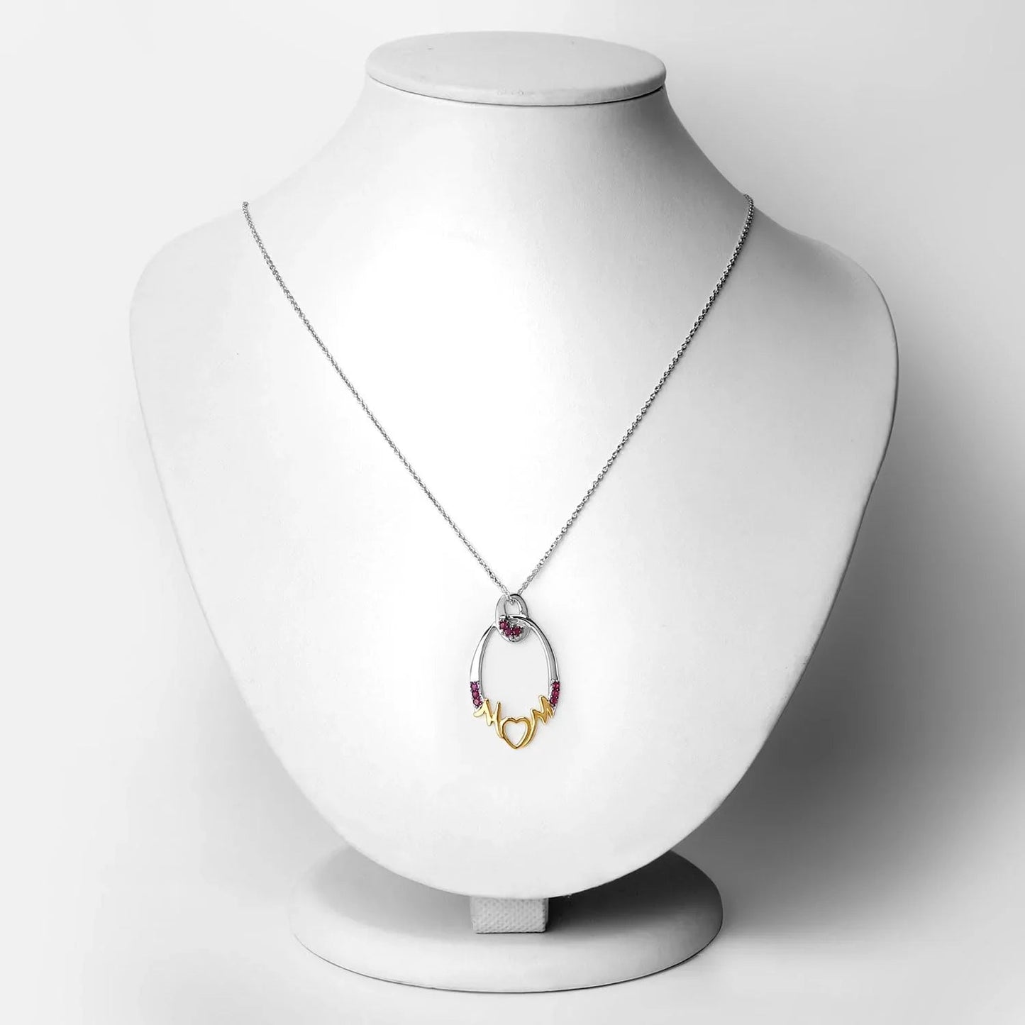 Round Pink Ruby Prong Silver Mom Heart Pendant Necklace