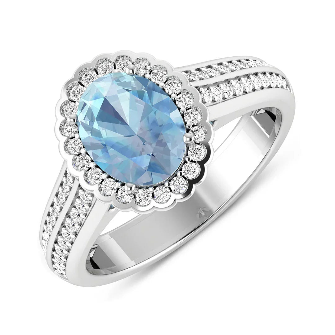 Genuine Aquamarine Diamond Halo Pave Bridge Ring