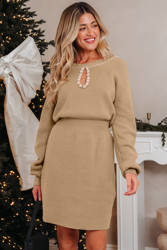 Threaded Pear Zariah Embellished Keyhole Ribbed Sweater