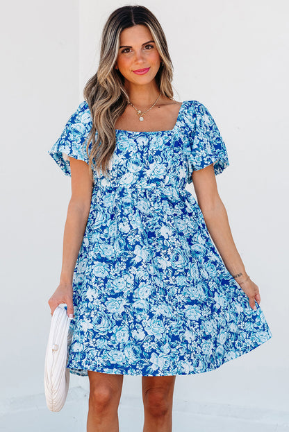 Threaded Pear Azalea Floral Puff Sleeve Babydoll Mini Dress