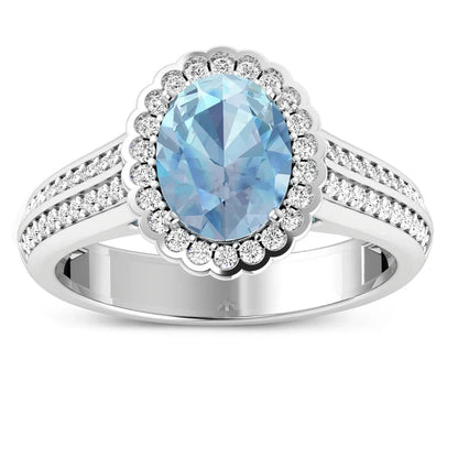 Genuine Aquamarine Diamond Halo Pave Bridge Ring