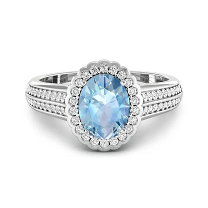 Genuine Aquamarine Diamond Halo Pave Bridge Ring