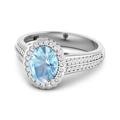 Genuine Aquamarine Diamond Halo Pave Bridge Ring