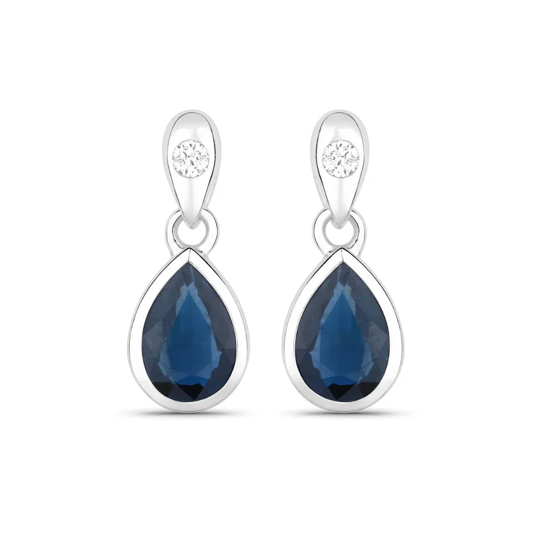 1.60 Ct Pear Blue Sapphire & Diamond Bezel 10K Gold Dangle Earrings