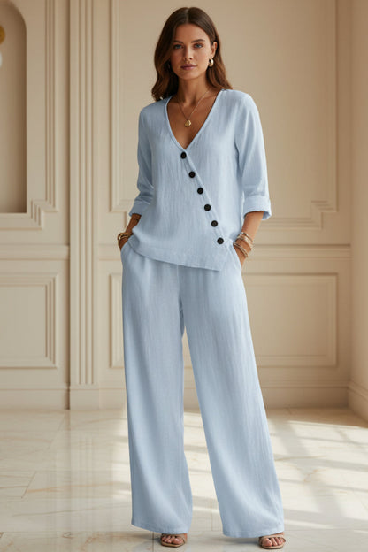 Women's V-Neck Diagonal Button Placket Cotton-Linen Shirt & Wide-Leg Pants Set