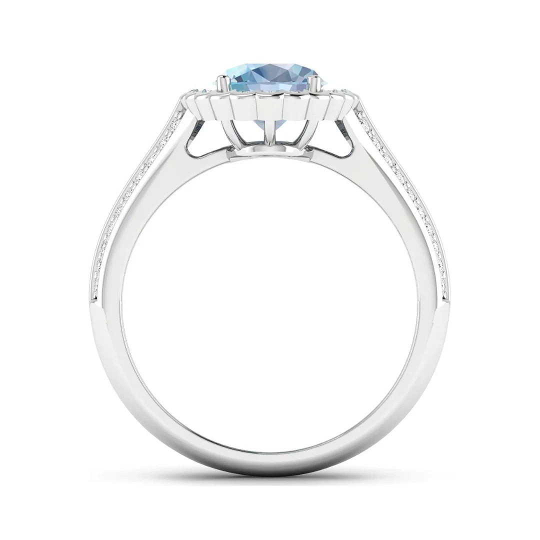 Genuine Aquamarine Diamond Halo Pave Bridge Ring