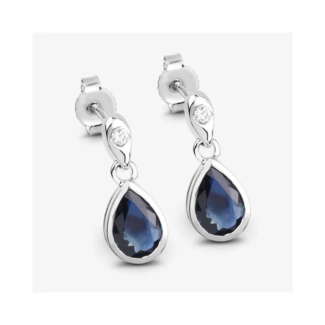 1.60 Ct Pear Blue Sapphire & Diamond Bezel 10K Gold Dangle Earrings