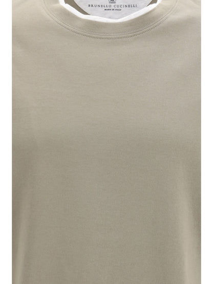 Cotton T-Shirt Two-Tone Hem Khaki/Pearl