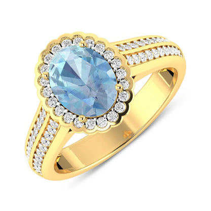 Genuine Aquamarine Diamond Halo Pave Bridge Ring