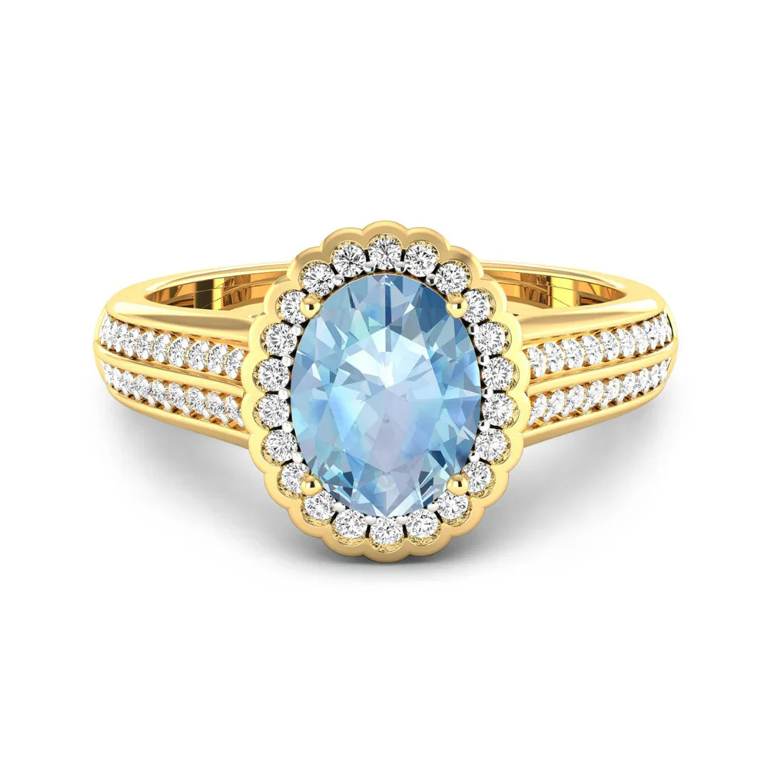 Genuine Aquamarine Diamond Halo Pave Bridge Ring