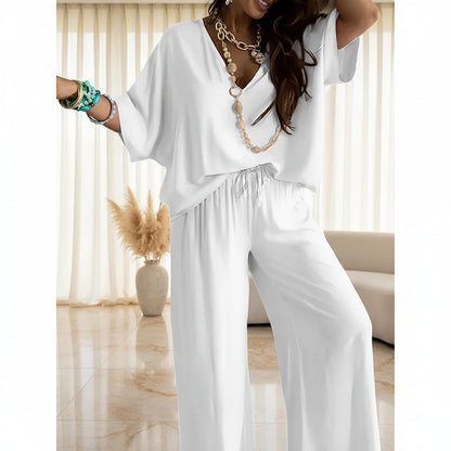 Women's V-Neck Batwing Top & Drawstring Wide-Leg Pants Two-Piece Set
