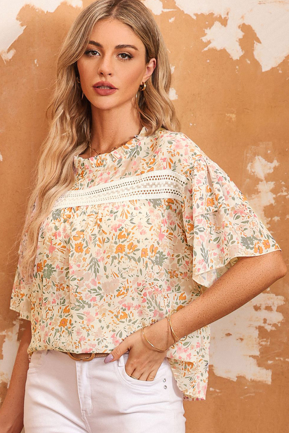 Threaded Pear Karsyn Floral Print Wide Ruffle Sleeves Blouse