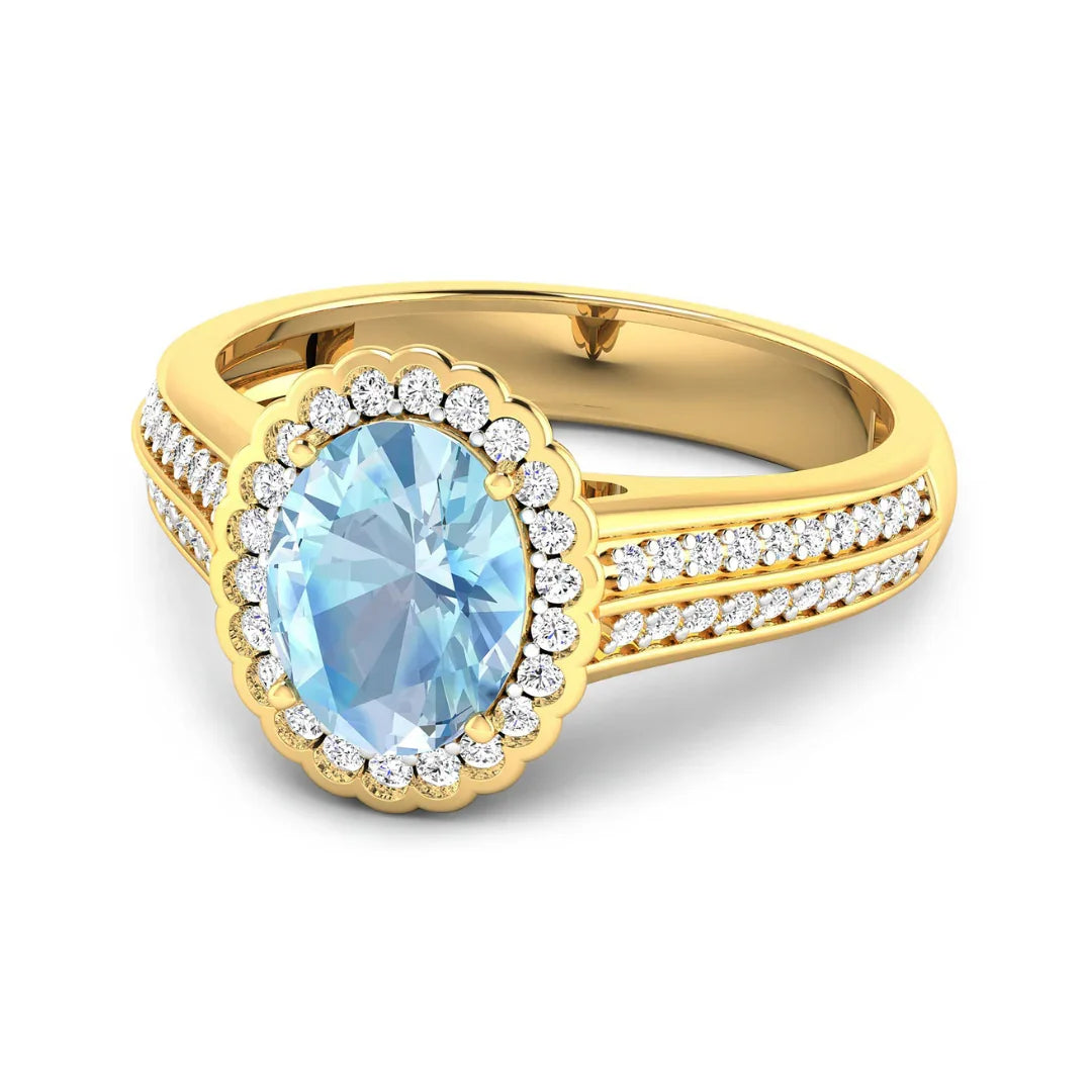 Genuine Aquamarine Diamond Halo Pave Bridge Ring