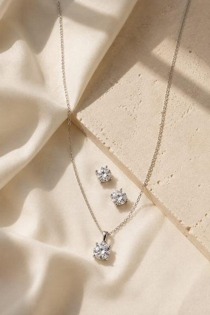 Silver Clear - April Swarovski Crystal Necklace Earrings – Cz Birthstone Stud Earring Circular Pendant Set