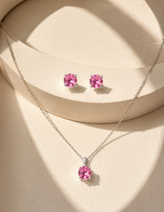 Silver Pink Tourmaline - October Swarovski Crystal Necklace Earrings – Cz Birthstone Stud Earring Circular Pendant Set By callura