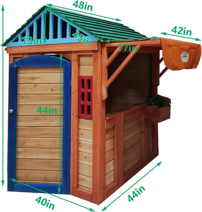 Outdoor Playhouse for Age 3-8 Years Boy Girl, Wooden Cottage Playhouse with 4 Game Awning Window, Ball Wall & Tetris. Play House for Outdoor Garden, Lawn, Patio, Yard.