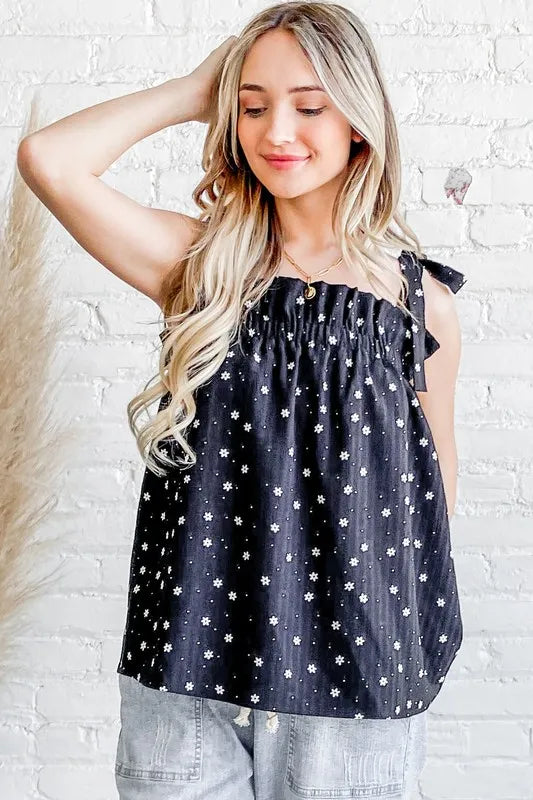And The Why Daisy Polka Dot Print Ruffle Tank Top