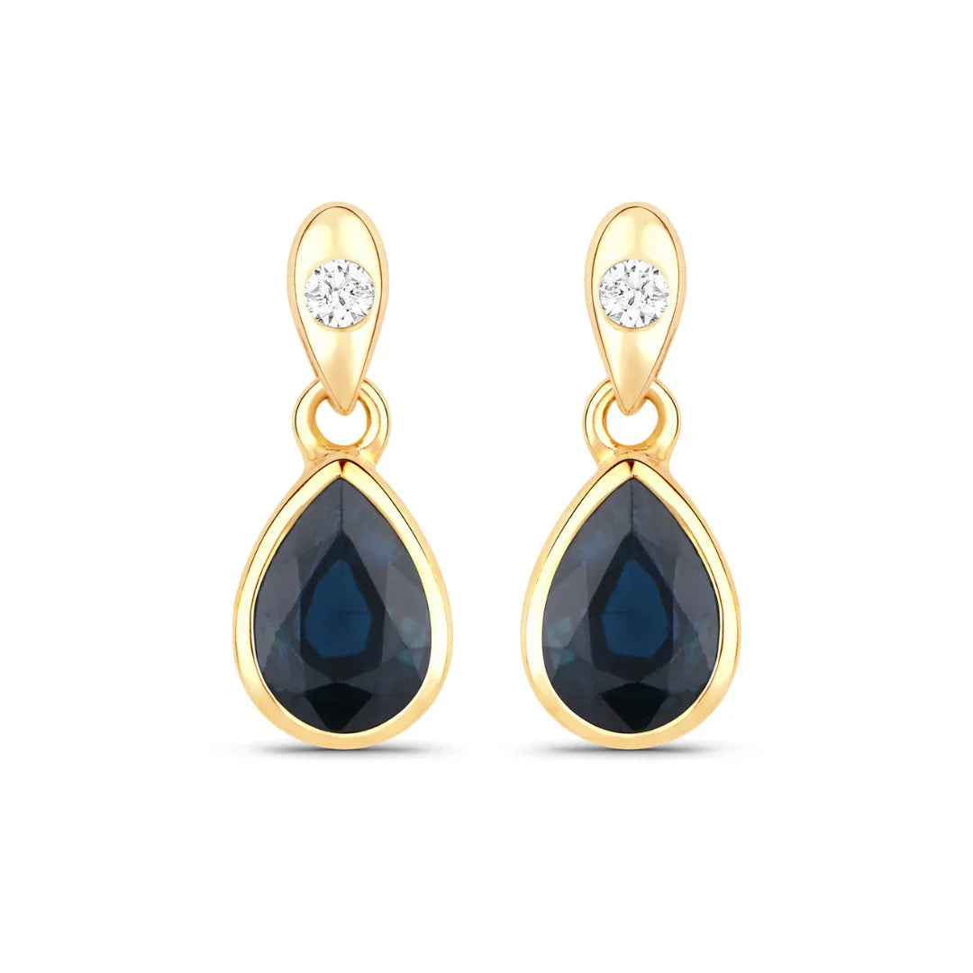 1.60 Ct Pear Blue Sapphire & Diamond Bezel 10K Gold Dangle Earrings