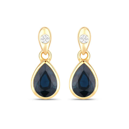 1.60 Ct Pear Blue Sapphire & Diamond Bezel 10K Gold Dangle Earrings