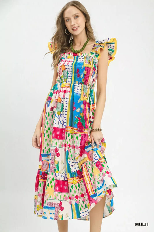 Umgee Abstract Print Smocked Ruffle Sleeve Tiered Midi Dress