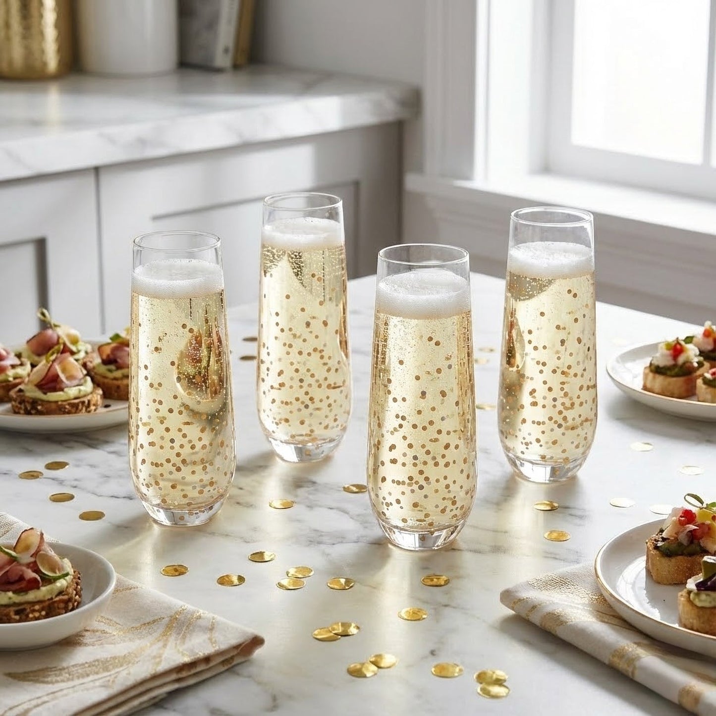 Jay Companies Set Of 4 Black & Gold Confetti Stemless Champagne Flutes (10.5 Oz)