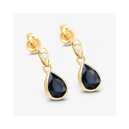 1.60 Ct Pear Blue Sapphire & Diamond Bezel 10K Gold Dangle Earrings