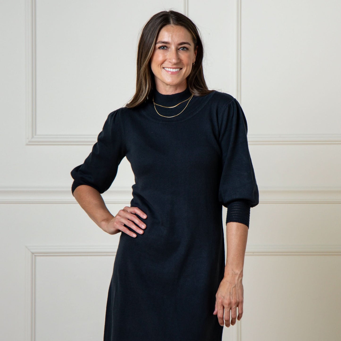Mock Neck Puff Sleeve Sweater Dress