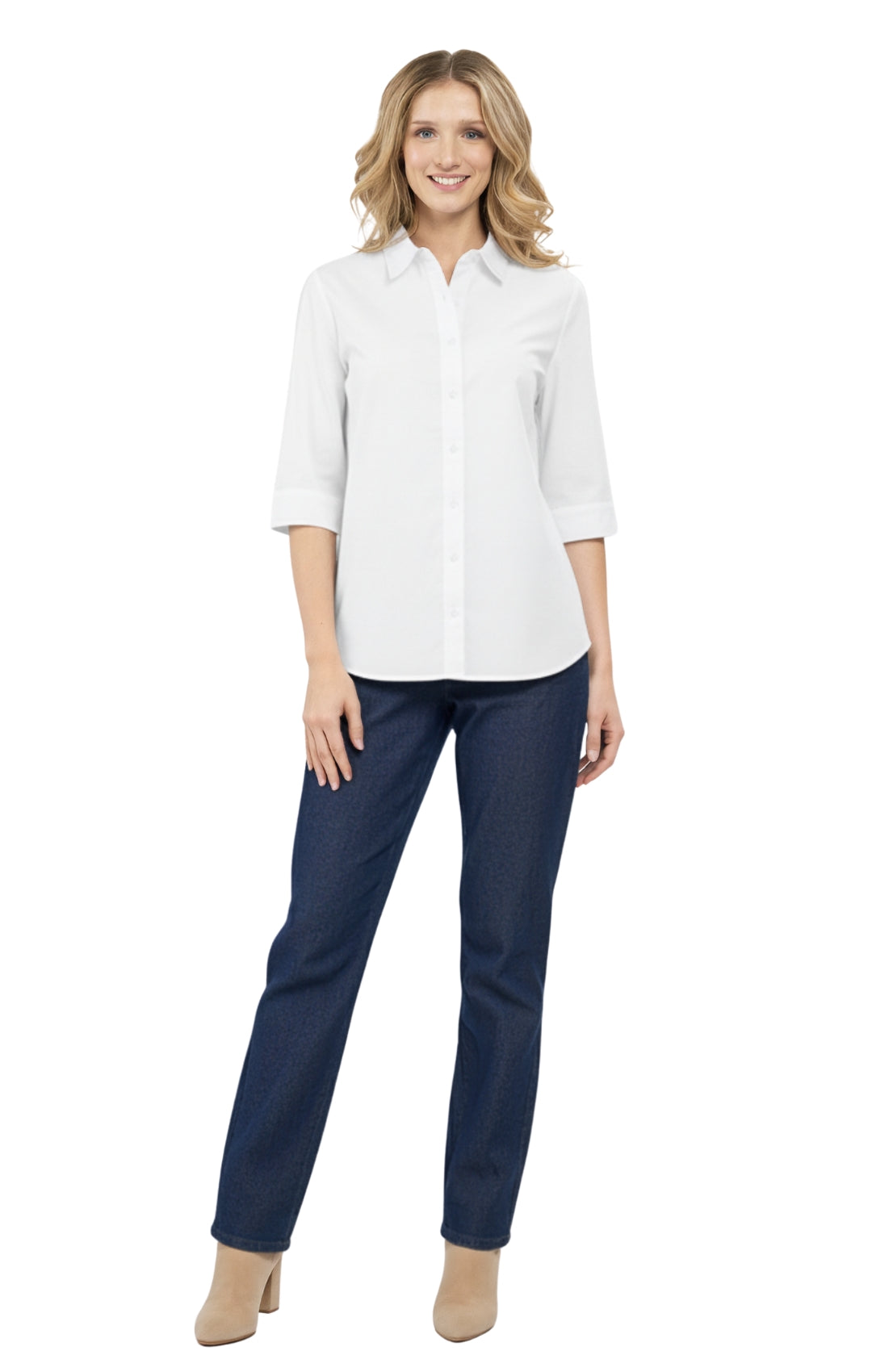 Womens Regular Fit 3/4 Sleeve Button Down Collared Camp Shirt