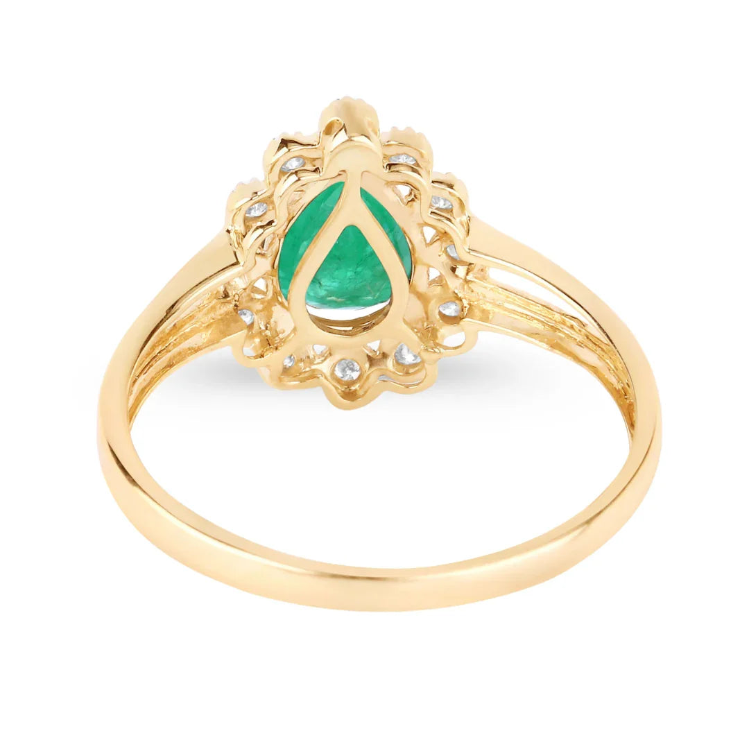1.10 Ct Pear Green Zambian Emerald Diamond V-Prong 10k Gold Halo Statement Ring