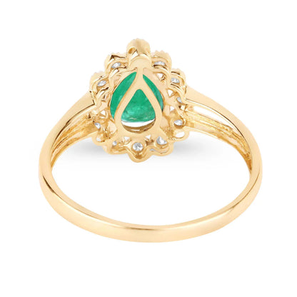 1.10 Ct Pear Green Zambian Emerald Diamond V-Prong 10k Gold Halo Statement Ring