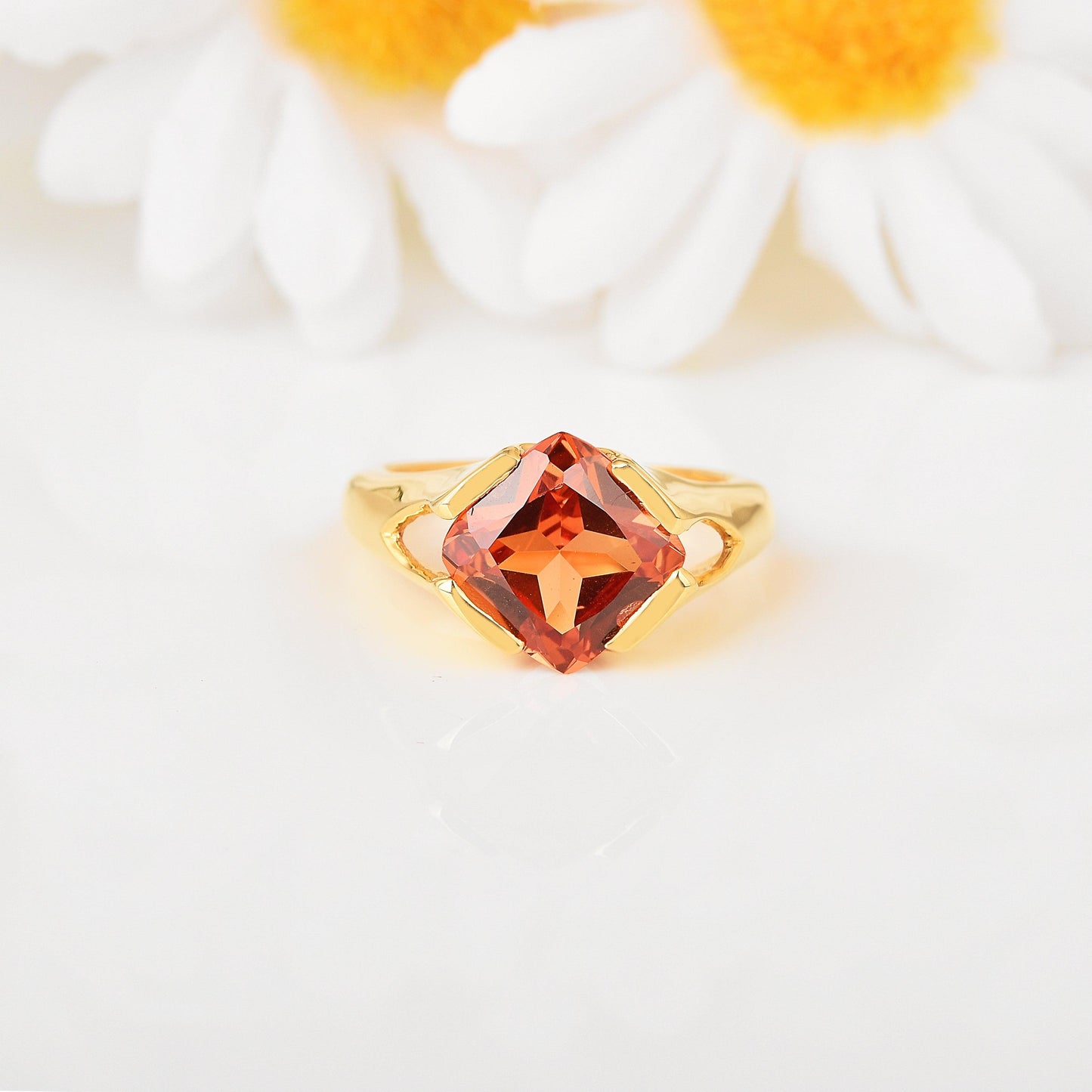 4.24 Ct Square Orange Lab Grown Padparadscha Sapphire Prong 18K Yellow Gold Plated Silver Solitaire Ring