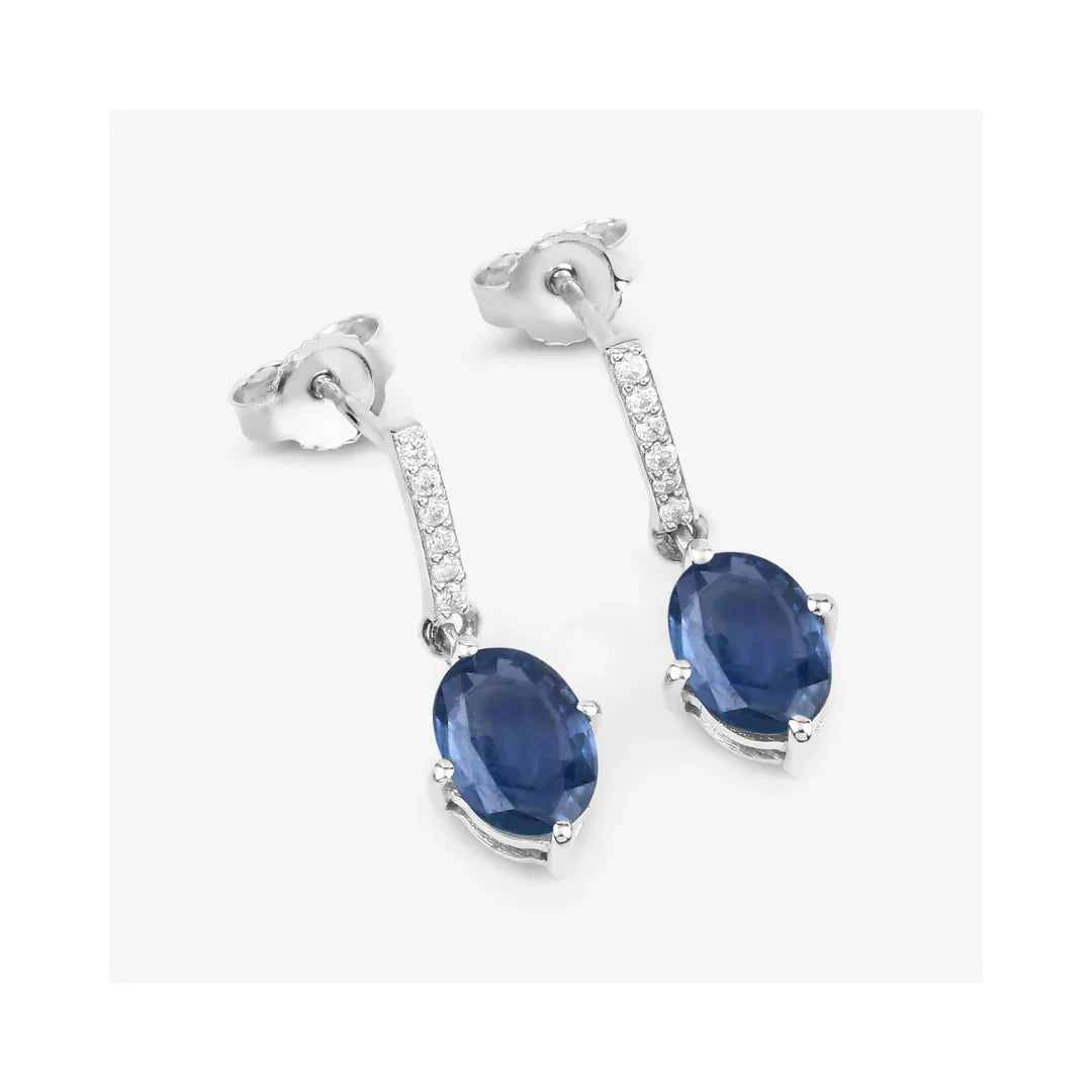 1.90 Ct Oval Blue Sapphire & Diamond Prong 10K Gold Dangle Earrings