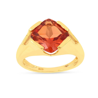 4.24 Ct Square Orange Lab Grown Padparadscha Sapphire Prong 18K Yellow Gold Plated Silver Solitaire Ring