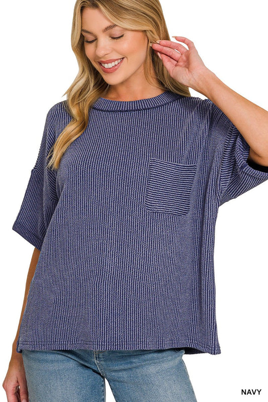 Zenana Raised Rib Short Sleeve Front Pocket Top
