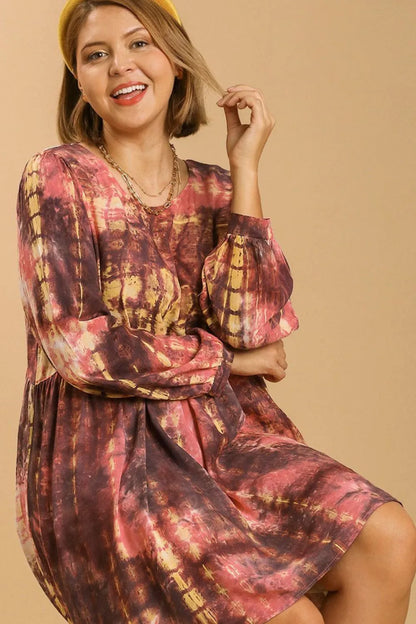 Umgee Full Size Tie Dye Long Sleeve Babydoll Dress with Keyhole Plus Size