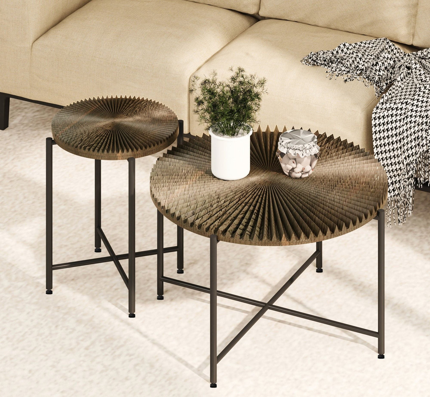 Radial - Pattern Coffee and End Table Set Waterproof Cover, Distressed Cylindrical Design (Set of 2)