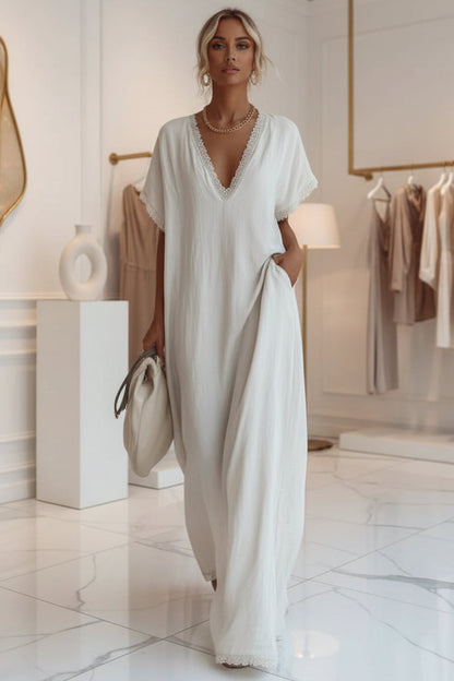 Women's Deep V-Neck Batwing Sleeve Lace-Trim Kaftan Maxi Dress