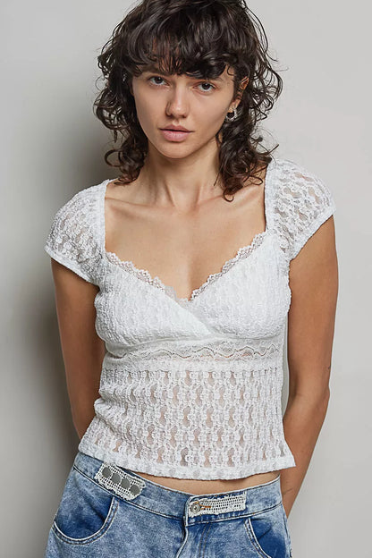 POL Sweetheart Neck Lace Short Sleeve Top