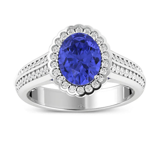 1.56 Ct Oval Violet Tanzanite and White Diamond Prong 14k Gold Halo Pave Bridge Engagement ring