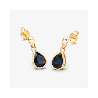 1.60 Ct Pear Blue Sapphire & Diamond Bezel 10K Gold Dangle Earrings