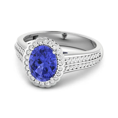 1.56 Ct Oval Violet Tanzanite and White Diamond Prong 14k Gold Halo Pave Bridge Engagement ring