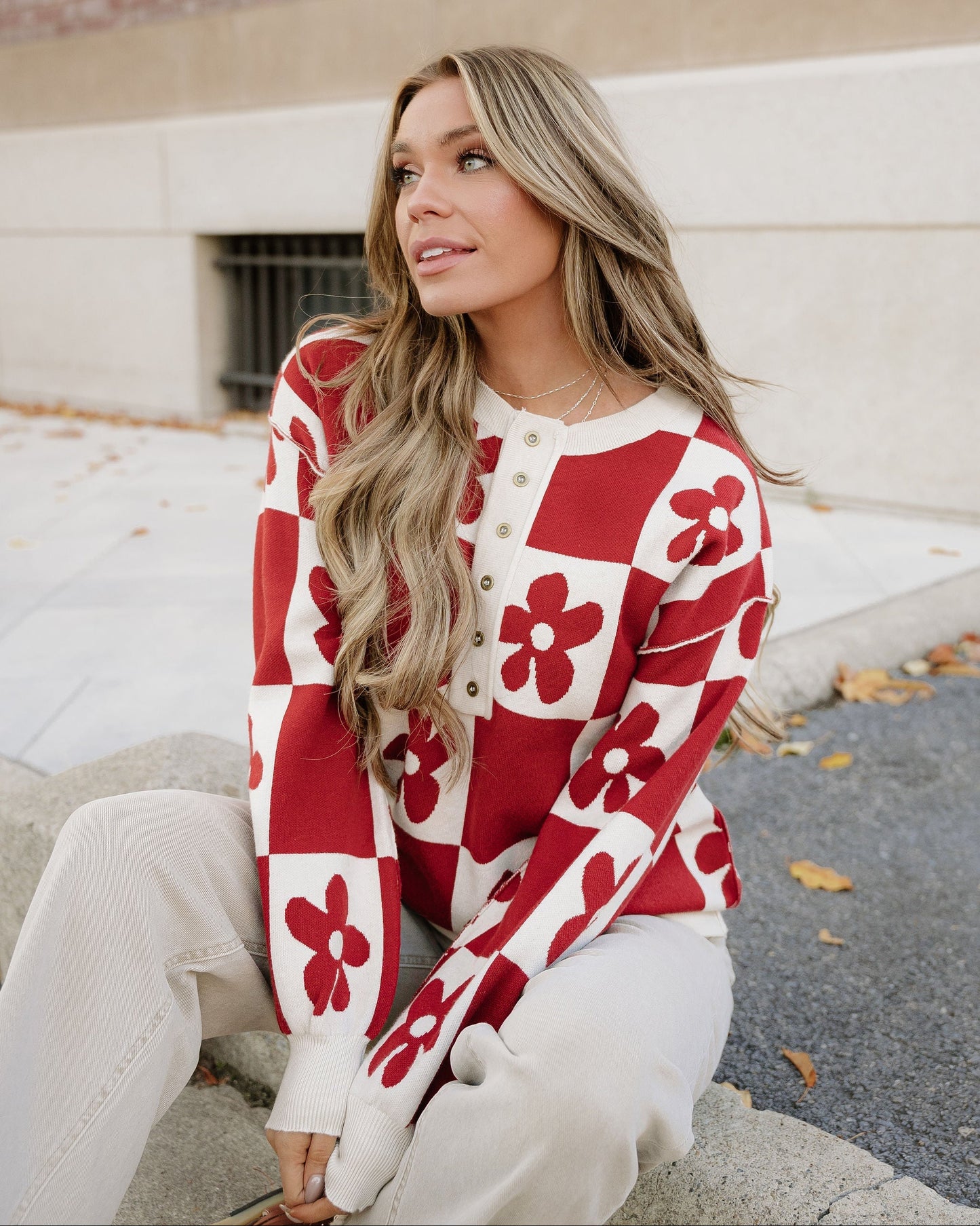 Flower Power Checkered Henley Sweater - Red Dahlia