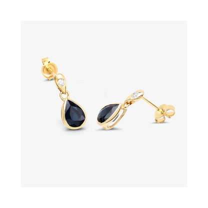 1.60 Ct Pear Blue Sapphire & Diamond Bezel 10K Gold Dangle Earrings