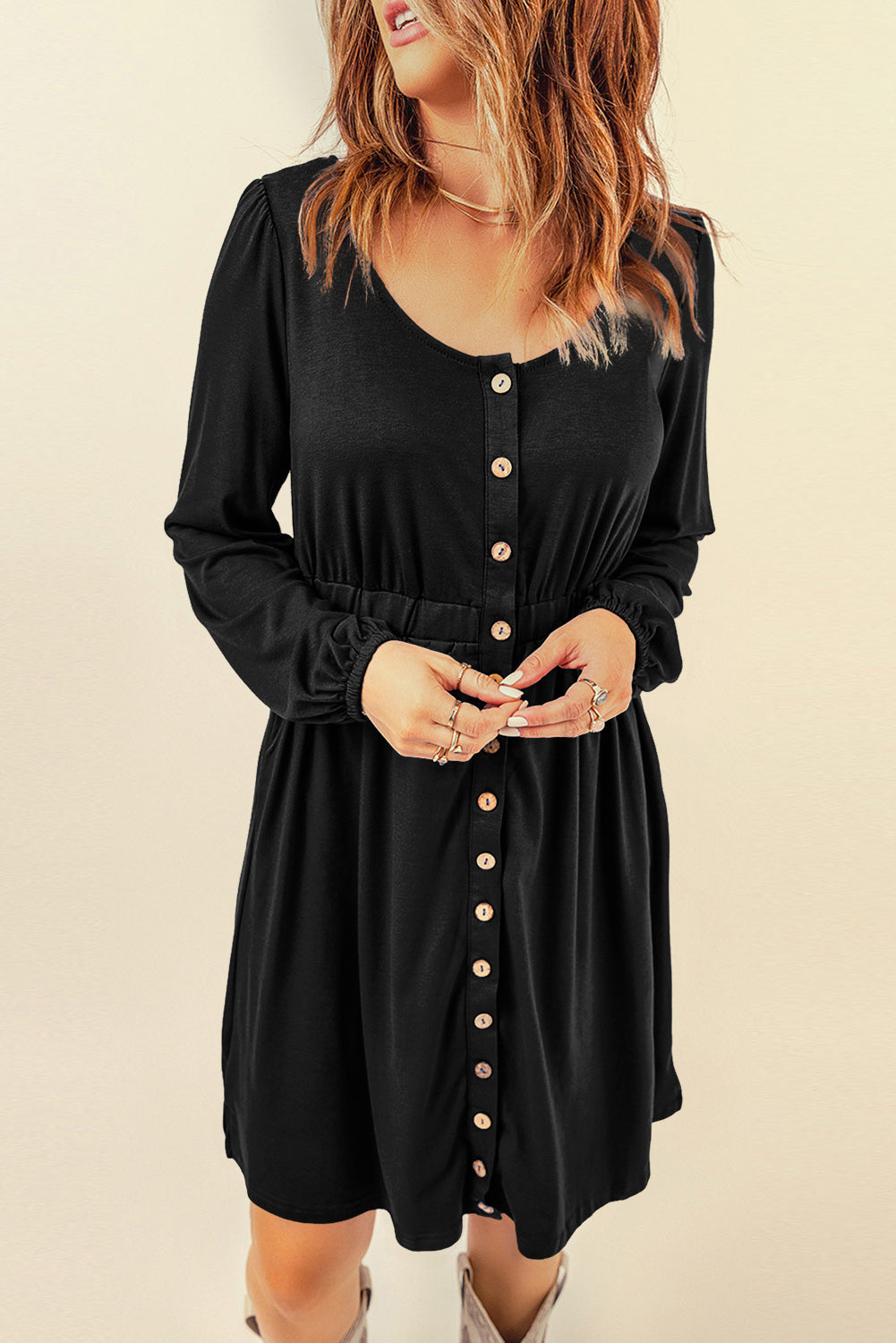 Threaded Pear Julianna Button Up High Waist Long Sleeve Dress