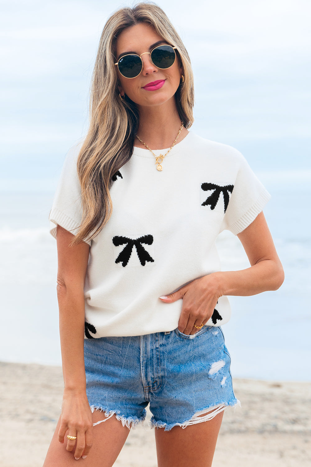 Threaded Pear Kya Bow Pattern Knit Short Sleeve Sweater